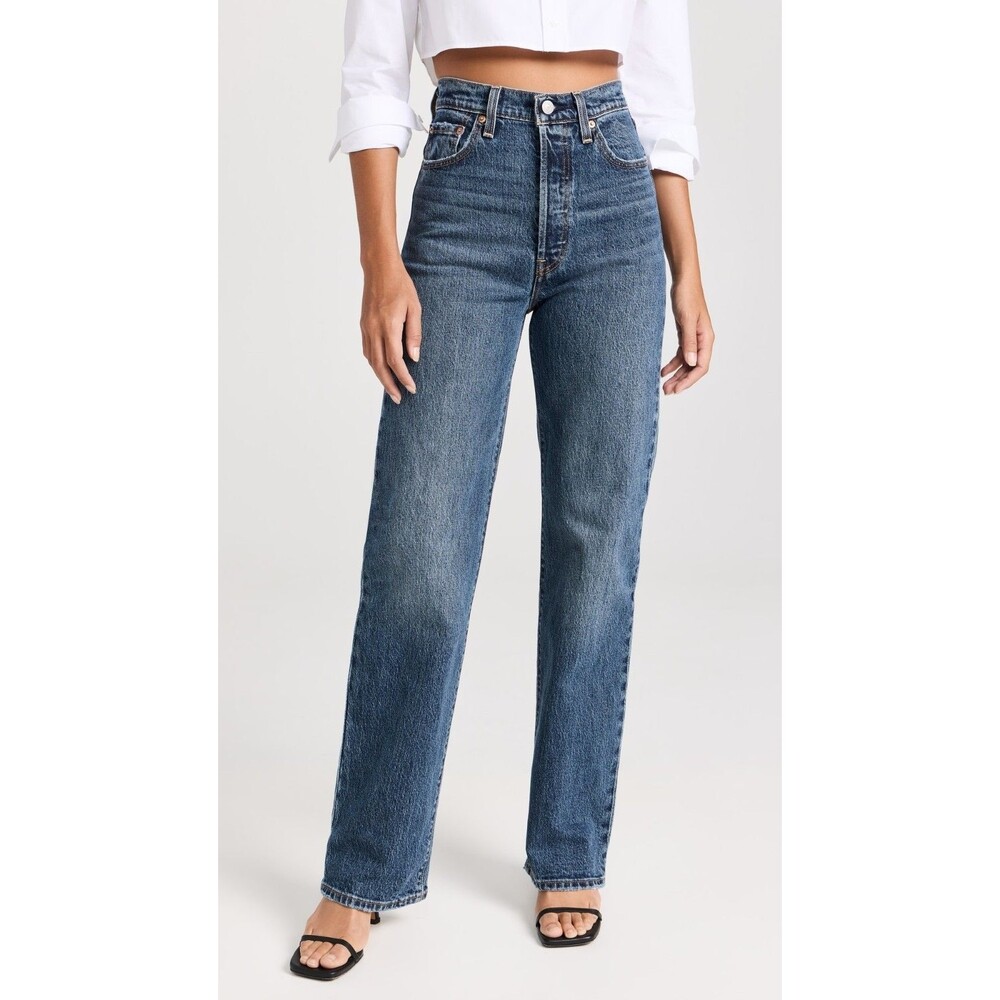 Levis Premium Women Denim Jeans 27 Ribcage Straight Dark Blue High Rise Boho New